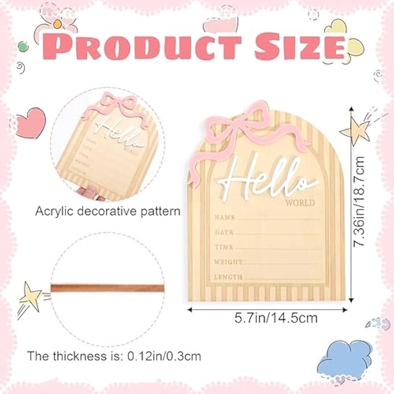 MIXDE Bow Hello World Wooden Board - Hospital Newborn Information Record,Birth Milestone Bulletin Board Photo Props,Sweet Pink Bow Nursery Decorations,Little Princess Hello World Announcement Sign - Image 2
